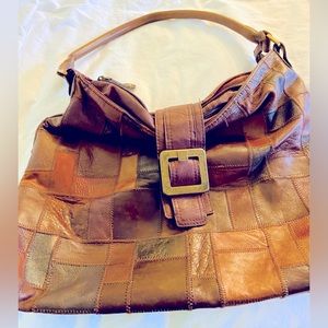 Genuine leather patchwork stitched brown purse